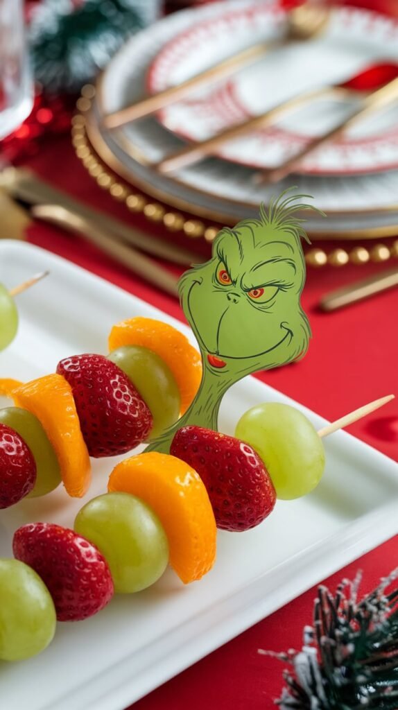 21 Kid-Friendly Christmas Appetizers That'll Actually Get Eaten 8 Grinch Fruit Kabobs 1