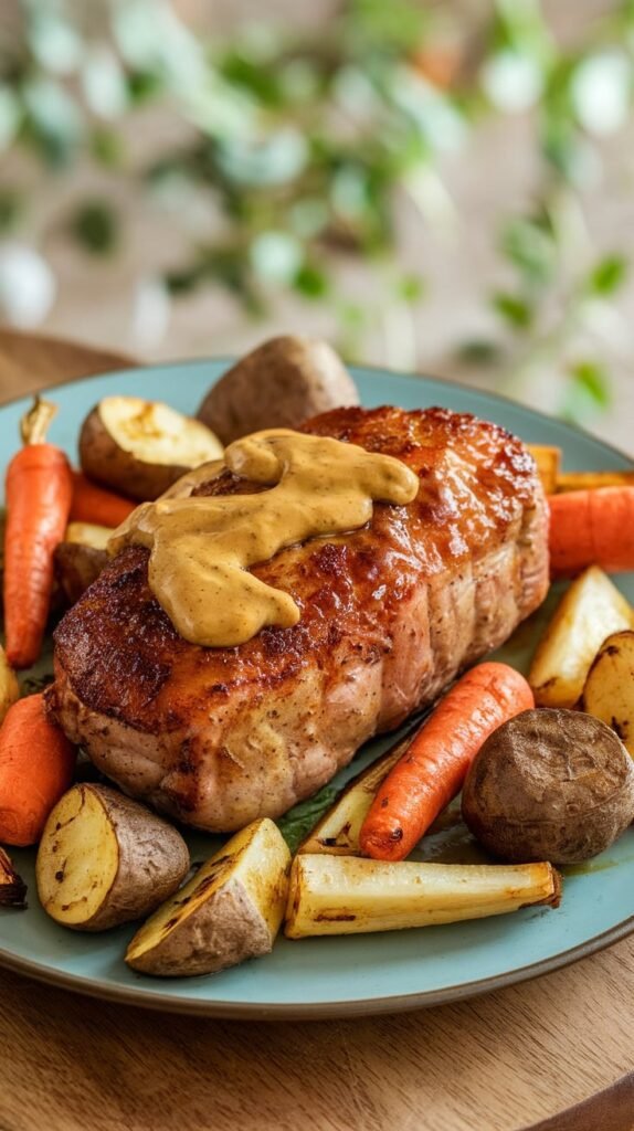 These 7 Healthy Sheet-Pan Dinners Will Save Your Weeknights 5 Honey Mustard Pork Tenderloin with Root Vegetables