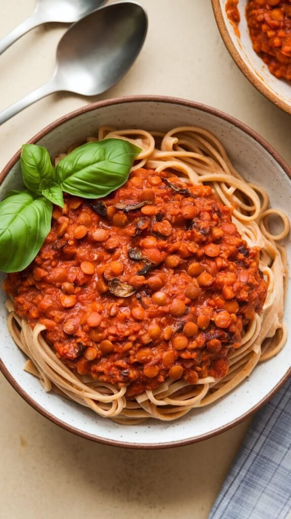 9 High-Protein Vegetarian Recipes for Muscle Gain (Zero Chicken) 4 Lentil Bolognese with Whole Wheat Pasta