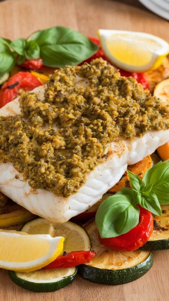 Pesto Crusted Snapper with Roasted Vegetables