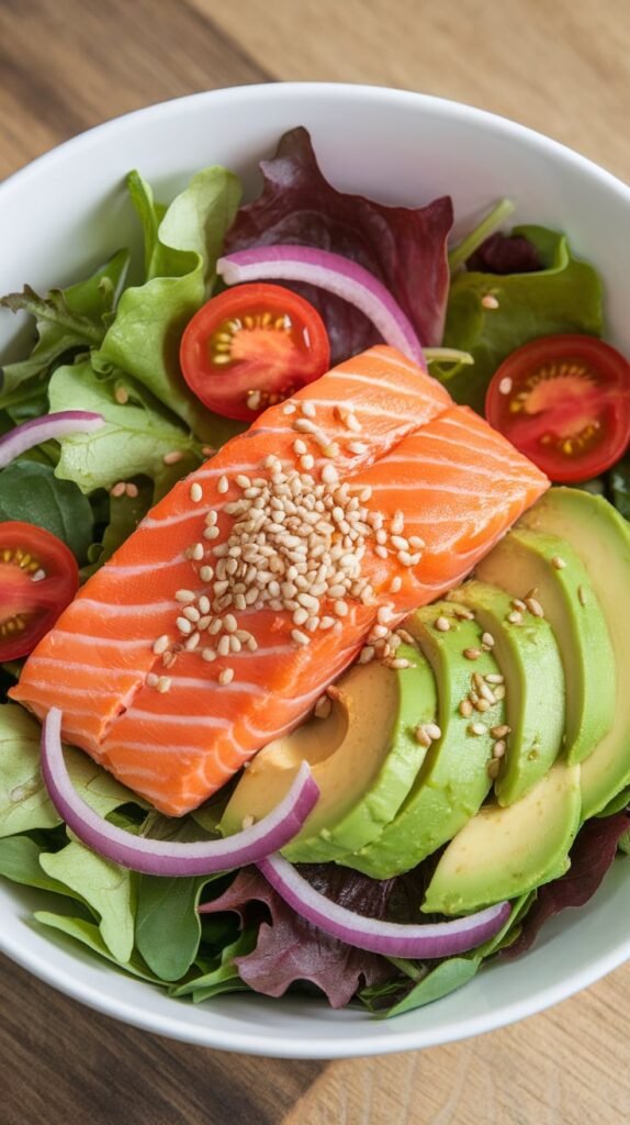 16 High-Protein Recipes for Seniors That Prove Eating Well Never Gets Old 2 Salmon Avocado Salad Bowl