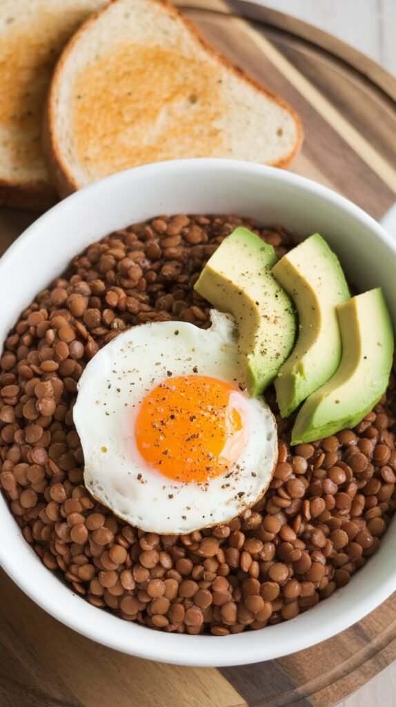 Savory Lentil Breakfast Bowls with Jammy Eggs