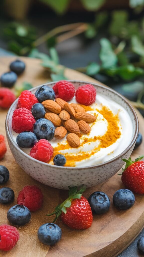 6 High-Protein Recipes for Winter Immune Support 3 Turmeric Spiced Yogurt Bowl with Almonds and Berries