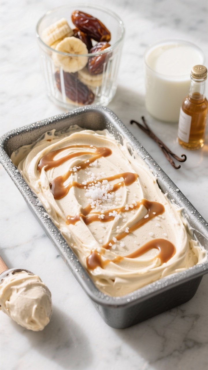 45-degree angle close-up of a scoopable loaf pan of no-churn salted date caramel nice cream, creamy swirls with ribbons of glossy date caramel; show a blender jar with frozen banana slices, soaked Medjool dates (after 10 minutes in warm water), and full-fat coconut milk nearby; sprinkle flaky sea salt on top, a vanilla extract bottle in frame; bright natural light, frosty condensation on the pan, minimal props on a cool marble surface.