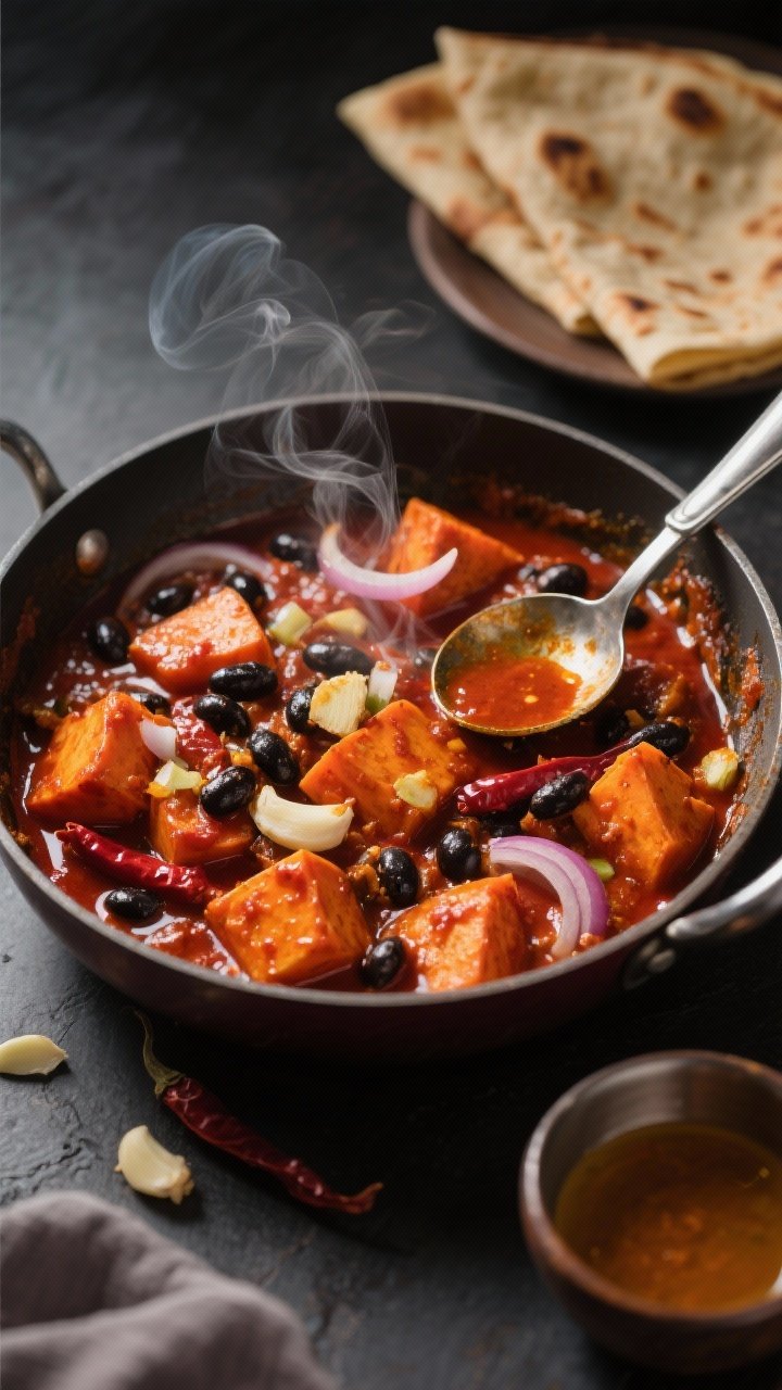 10 Vegan Curries to Make on Repeat That Hit Every Craving 7 45-degree angle of a sweet potato and black bean vindaloo mid-simmer: glossy, tangy-red vindaloo sauce coating cubed sweet potatoes and black beans, with ribbons of sliced onion, minced garlic and ginger throughout; visible chili warmth; served in a low-sided saucepan with a metal ladle, steam curling up; a small bowl of vinegar and vindaloo paste off to the side, with warm paratha folded in the background; dramatic yet clean lighting.