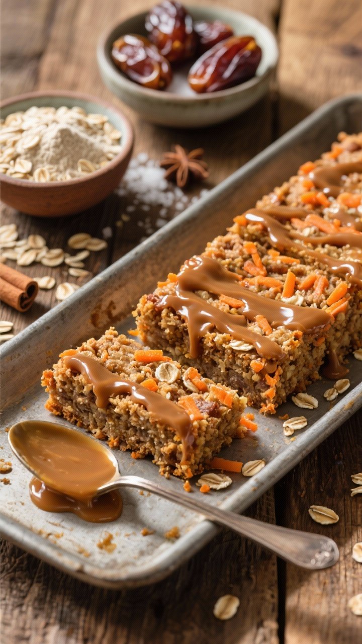 45-degree angle pan shot of carrot cake breakfast bars just sliced, drizzled generously with glossy date toffee; visible flecks of grated carrot and oats in the crumb; include small bowls of rolled oats, oat flour, baking powder, ground cinnamon, nutmeg, fine sea salt, and pitted Medjool dates; rustic wooden surface, warm morning light, a drizzle spoon resting with toffee drip.