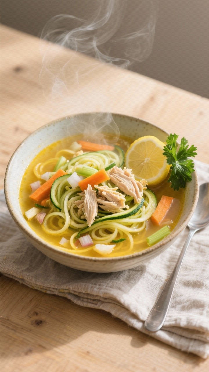 13 Healthy Winter Soup Recipes That’ll Keep You Cozy All Season 2 45-degree angle shot of a clear ginger-turmeric chicken zoodle soup in a wide ceramic bowl: spiralized zucchini “noodles,” shredded chicken, sliced carrots and celery, diced onion, minced garlic, fresh ginger strands, and a golden turmeric broth; steam rising, lemon wedge and parsley garnish on the side, set on a light wood table with a soup spoon and linen napkin, bright and restorative mood.