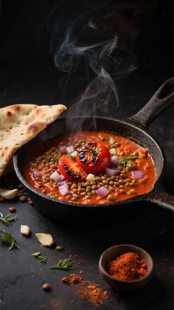 10 Vegan Curries to Make on Repeat That Hit Every Craving 2 45-degree angle shot of fire-roasted tomato lentil curry in a cast-iron pot: deep red-orange sauce with visible brown lentils, diced onion, minced garlic and grated ginger, speckled with garam masala, smoked paprika, coriander, and a hint of cayenne; charred tomato pieces adding smoky depth; served with toasted flatbread leaning against the pot; moody dark background to emphasize the smoky vibe, gentle steam and a small pinch bowl of smoked paprika in frame.