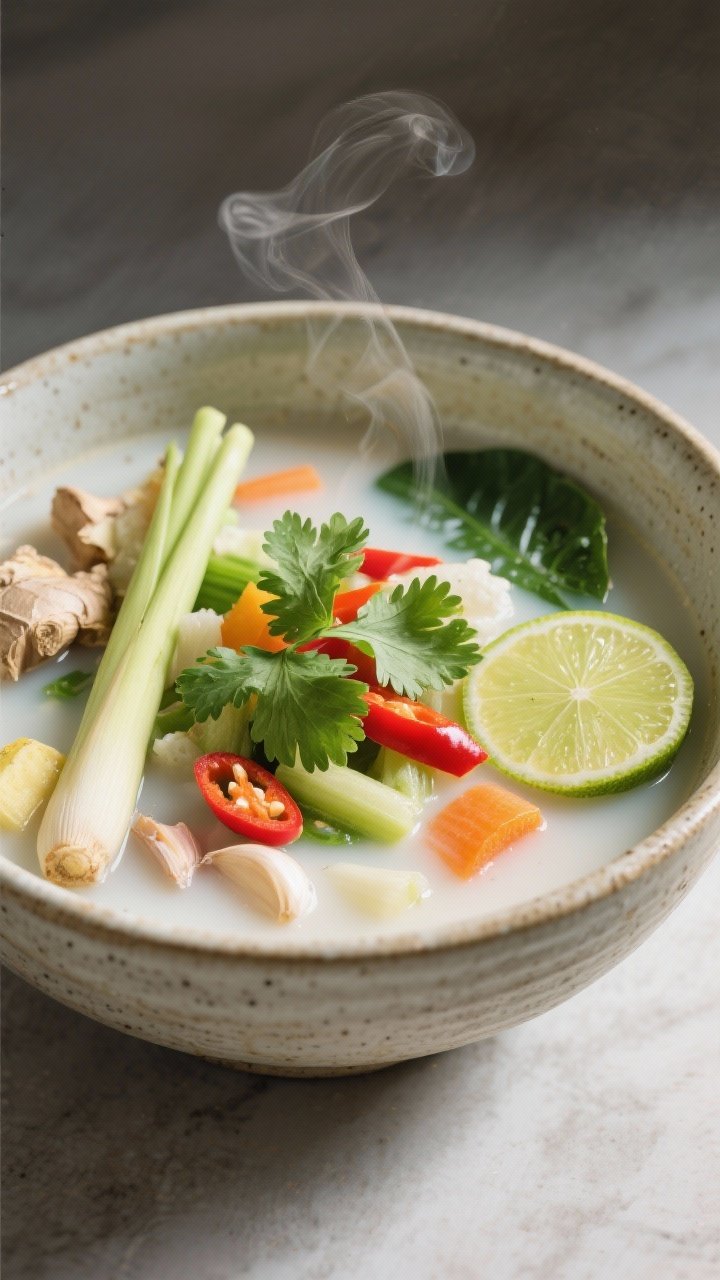 13 Healthy Winter Soup Recipes That’ll Keep You Cozy All Season 10 45-degree angle shot of Thai-inspired coconut lemongrass veggie soup in a stoneware bowl: creamy coconut broth perfumed with bruised lemongrass pieces, ginger, garlic, and kaffir lime leaves; mixed vegetables peeking through; lime wedge and red chili slices for pop; fresh cilantro on top, subtle steam, tropical, airy styling.