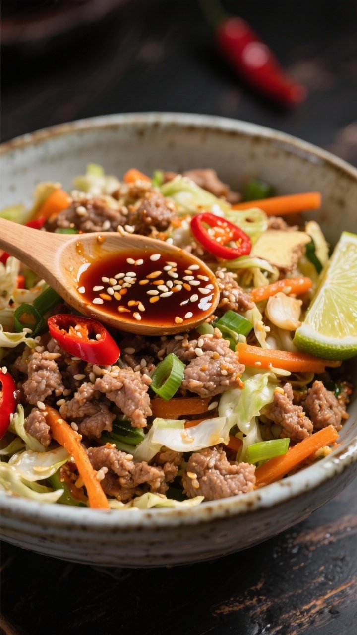 45-degree close-up of a spicy turkey egg roll bowl: ground turkey stir-fried with shredded cabbage, carrots, scallions, ginger, and garlic, finished with soy and a glossy chili crisp spooned over the top; sesame seeds and a few sliced red chiles for heat, a lime half nearby; served in a deep ceramic bowl, high-contrast, edgy street-food vibe.