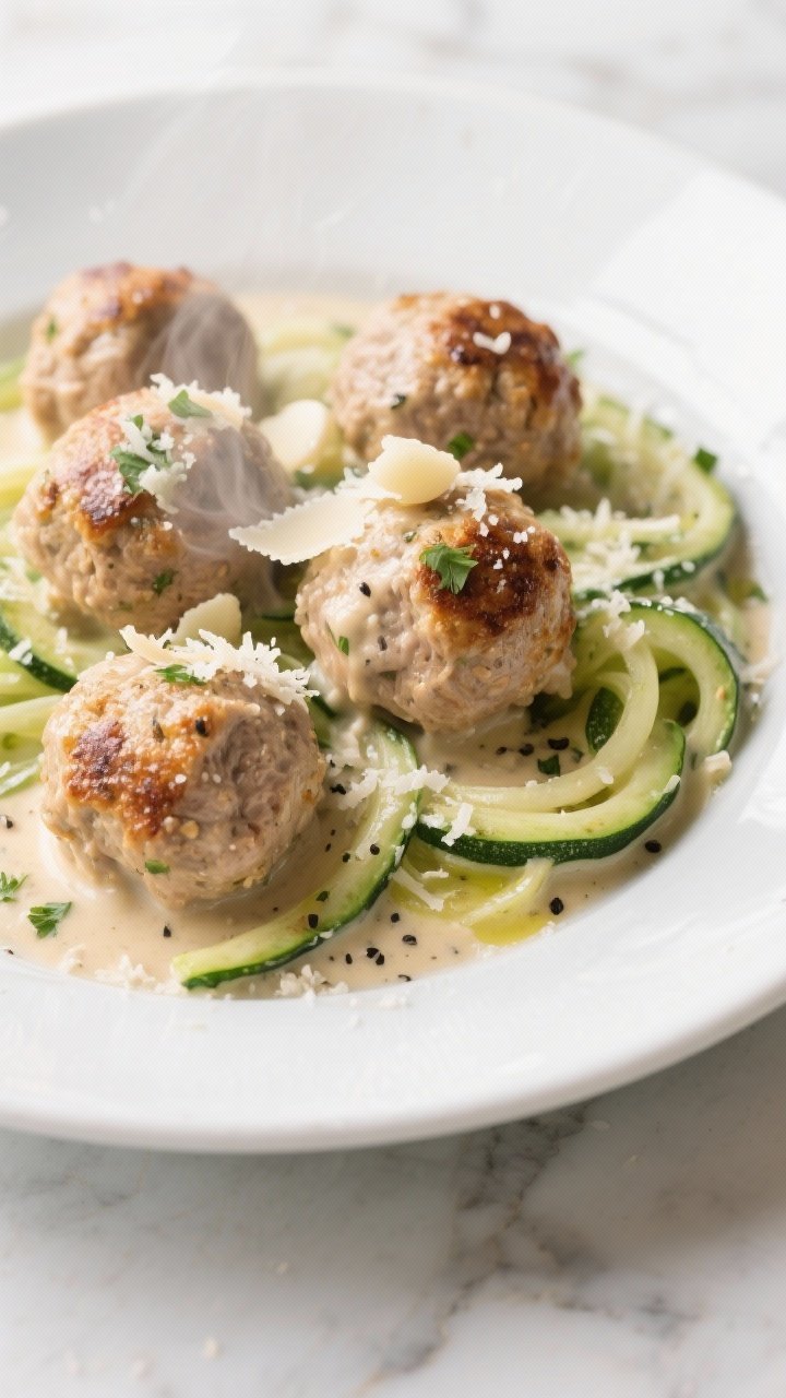 45-degree close-up of creamy garlic-parmesan turkey meatballs nestled over zucchini zoodles: golden-browned turkey meatballs bathed in a silky cream sauce with minced garlic, parmesan, and a hint of black pepper; zoodles lightly sautéed with a gloss of olive oil, flecks of parsley, grated parmesan snow, and steam rising; plated in a wide shallow white bowl on a light marble surface.
