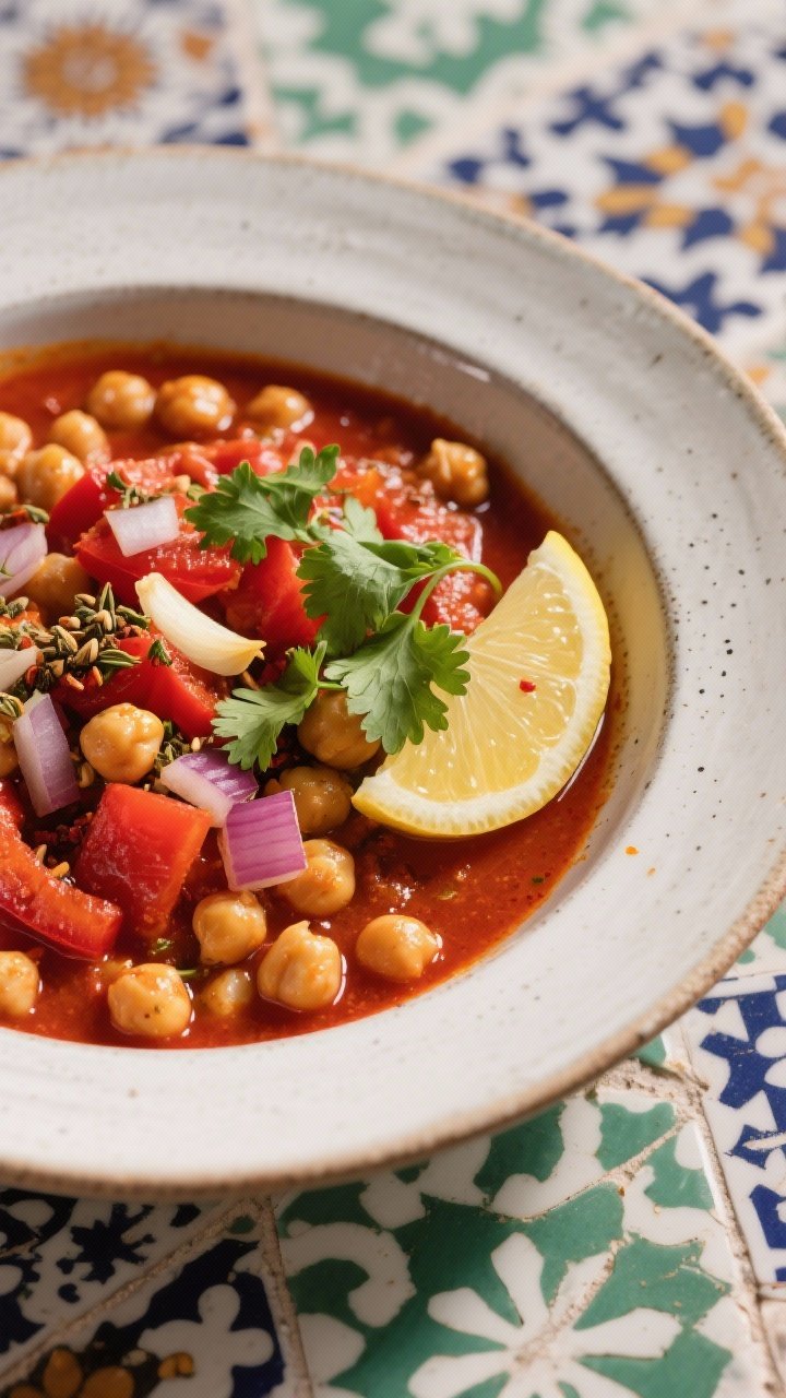 13 Healthy Winter Soup Recipes That’ll Keep You Cozy All Season 6 45-degree plated shot of Moroccan-spiced chickpea and tomato stew in a wide-rim bowl: plump chickpeas in a deep red tomato base with diced onion, red bell pepper, and garlic; warm spices evident—cumin, coriander, paprika, cinnamon—with a hint of cayenne; finished with fresh cilantro and a lemon wedge; patterned tile background for Moroccan vibe.