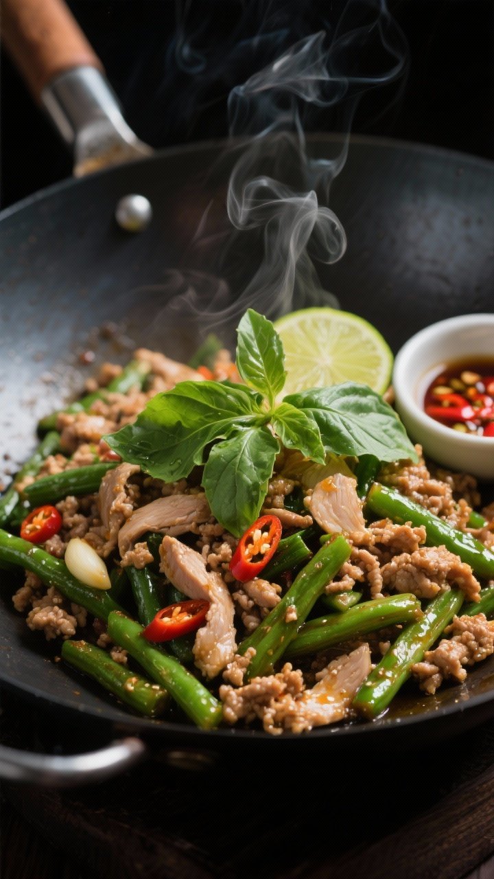 45-degree wok action shot of Thai basil turkey with green beans (Pad Krapow-inspired): glistening ground turkey stir-fried with garlic, bird’s eye chili, crisp-tender green beans, and a glossy savory-sweet sauce; torn Thai basil leaves wilting atop, steam visible; served with lime wedge and a small bowl of fish sauce with chilies; dark wok background for drama.
