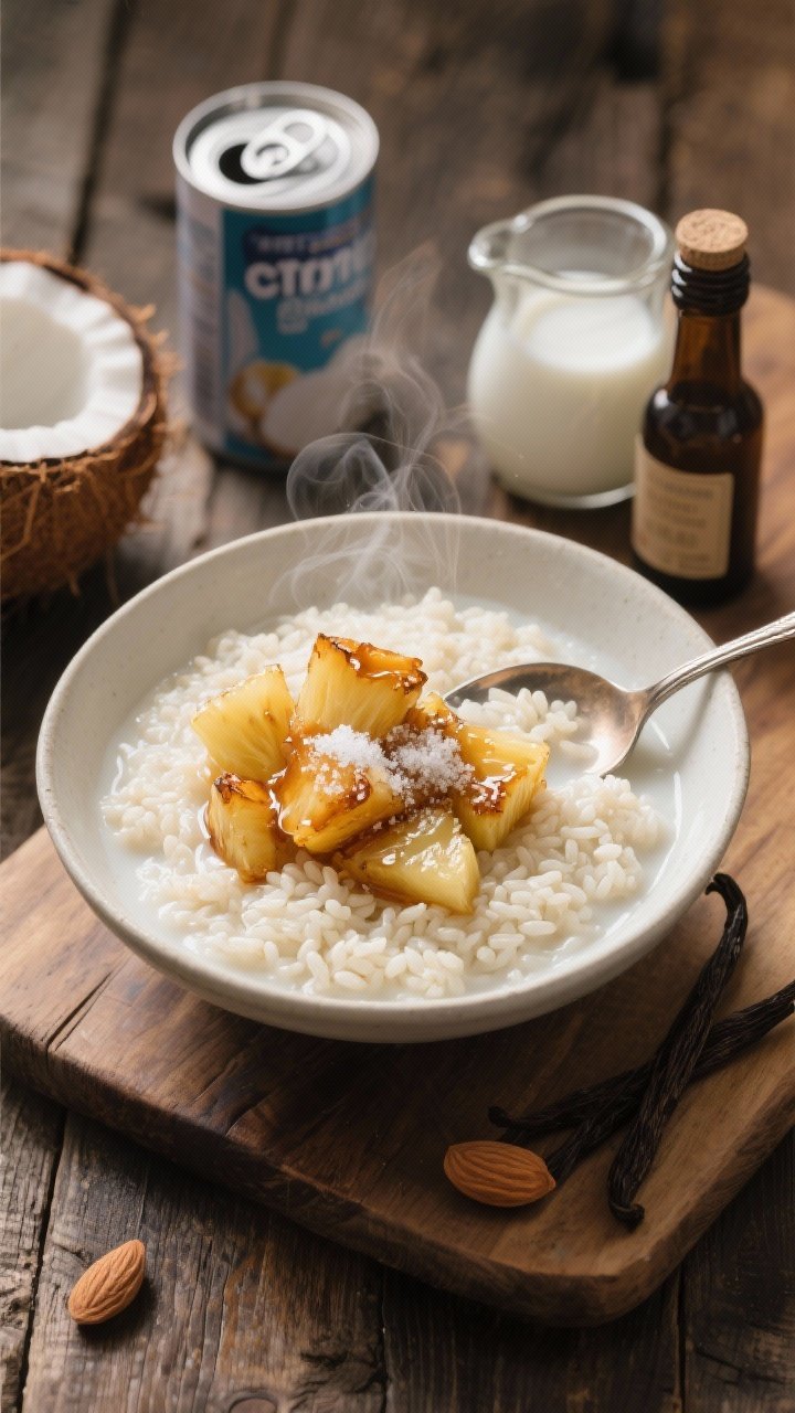 9 Vegan Desserts with Coconut Milk (Creamy & Dreamy) 4 A 45-degree angle bowl shot of creamy coconut rice pudding, Arborio grains visible in a luscious coconut milk base; topped with warm caramelized pineapple chunks glistening with syrup, a hint of vanilla, and a light sprinkle of sugar; steam subtly rising; props include a can of coconut milk, a small jug of almond/oat milk, and a vanilla bottle; set on a rustic wooden table with a spoon mid-dip.