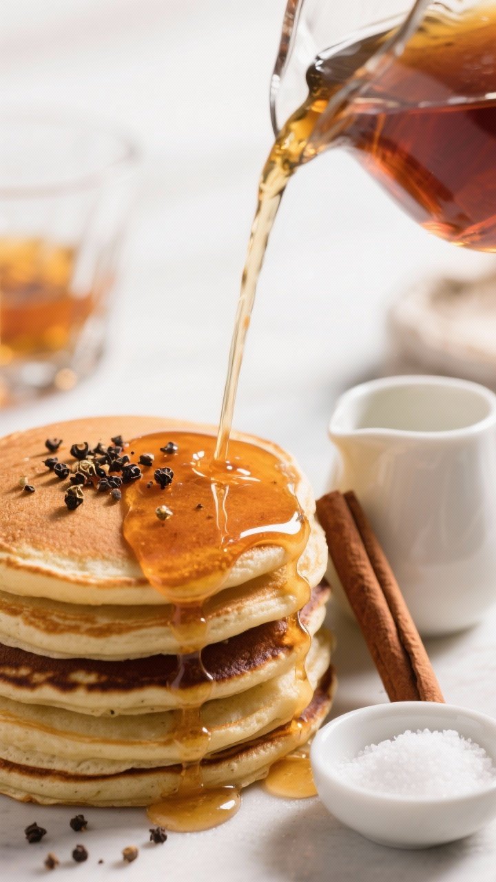 A 45-degree angle pour shot of Maple-Black Pepper syrup onto a stack of pancakes: glossy amber ribbon with visible coarsely cracked black pepper flecks, a cinnamon stick leaning against a small pitcher, pinch of salt dish nearby; bright morning light, crisp focus on syrup texture and pepper sparkle, background hint of a whiskey glass blurred.