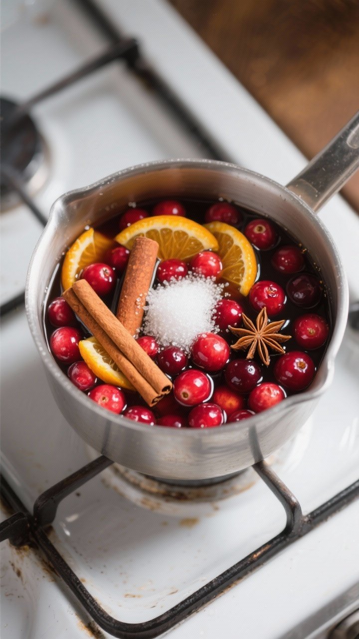 A 45-degree angle shot of Cranberry-Orange Spiced syrup mid-simmer: scarlet cranberries bursting in a pot with orange zest strips, a cinnamon stick, and a star anise floating; sugar dissolving in the syrupy bath; bright, jewel-like colors and a clean stovetop vignette for pop.