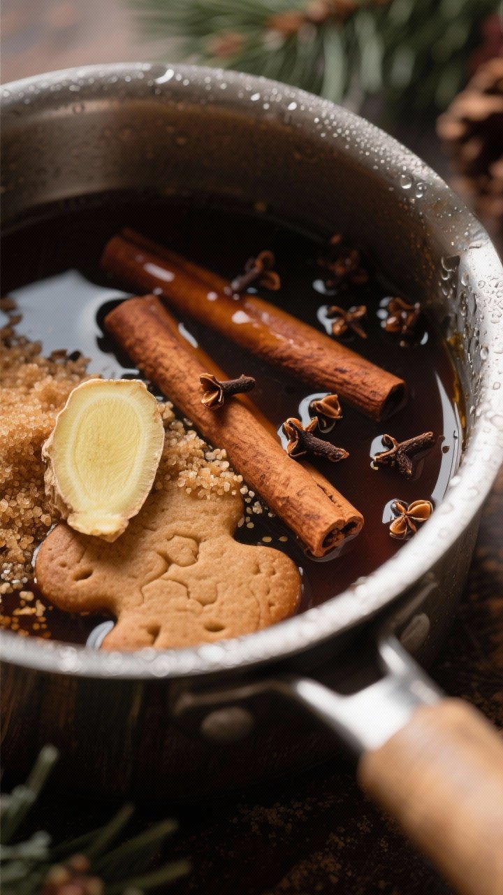 A close-up, 45-degree angle shot of Gingerbread Cookie syrup simmering in a small saucepan: visible molasses sheen, thin slices of fresh ginger, 2 cinnamon sticks, 6 whole cloves bobbing, and a blend of brown and granulated sugar dissolving; cozy December mood with deep, rich tones, no people, subtle condensation on the pot sides.