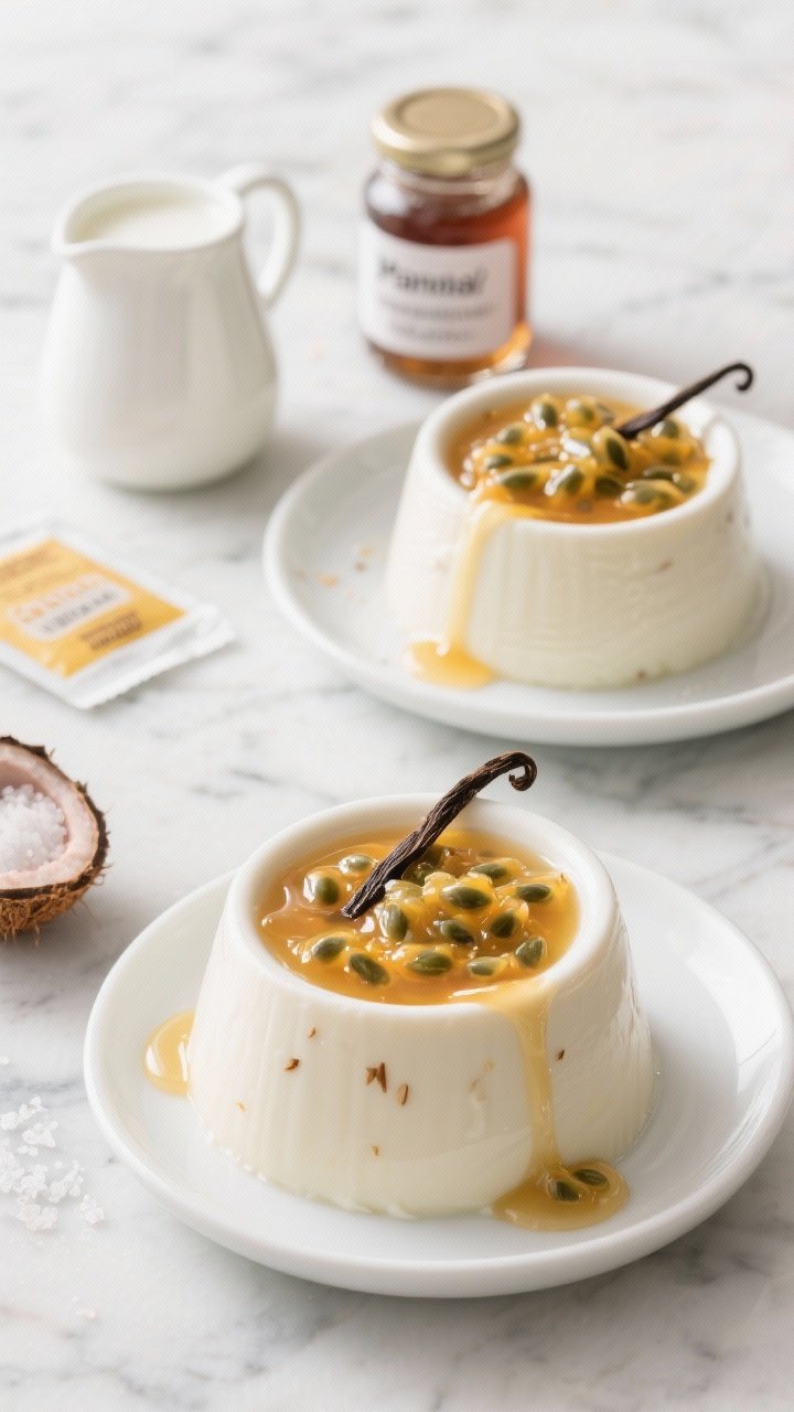 9 Vegan Desserts with Coconut Milk (Creamy & Dreamy) 1 A close-up, 45-degree plated shot of silky coconut panna cotta set in low, white ramekins, topped with glossy passion fruit pulp and seeds dripping down the sides; visible creamy jiggle, tiny vanilla bean specks, and a delicate maple sheen; styled with a small pitcher labeled coconut milk, a jar of maple syrup, agar-agar powder packet, and a pinch of sea salt on a cool marble surface; bright, airy lighting with gentle highlights to emphasize the panna cotta’s smooth texture.