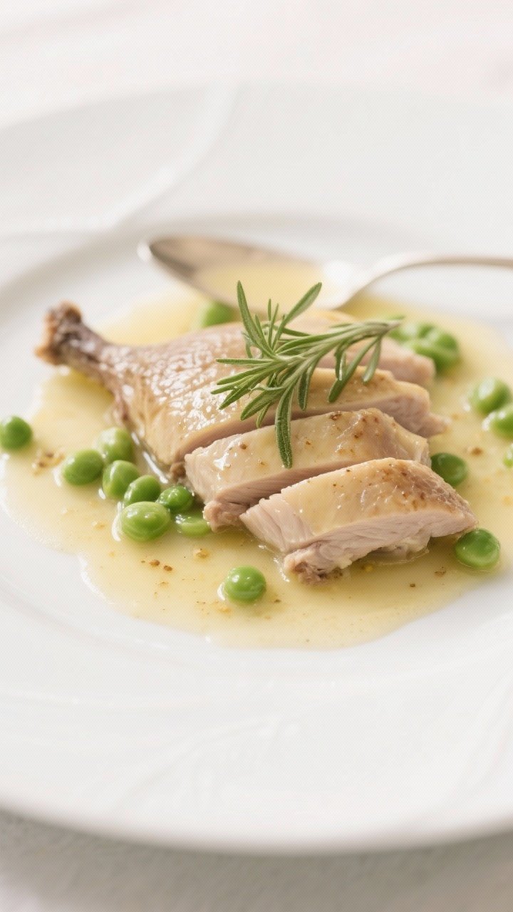 14 Delicious Pheasant Recipes You’ll Crave All Season 4 A close-up, delicate plating of butter-poached pheasant: tender, pale slices bathed in a glossy beurre monté with hints of Dijon, chicken stock, and white wine; scattered fresh tarragon leaves and bright spring peas; spooned sauce pooling around the meat; minimalist white plate, soft highlights, refined fine-dining tone.