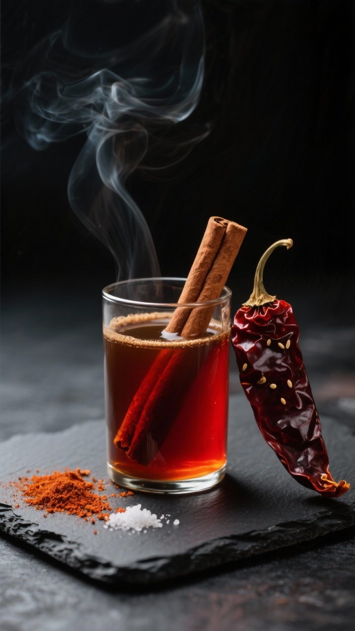 A dramatic straight-on shot of Smoky Chili-Cinnamon syrup: deep amber-red syrup in a heatproof glass with a cinnamon stick, a seeded dried guajillo (or ancho) chili leaning against the jar, a sprinkle of smoked paprika on a black slate, tiny salt pinch; moody lighting with smoky highlights, perfect for grown-up hot chocolate.