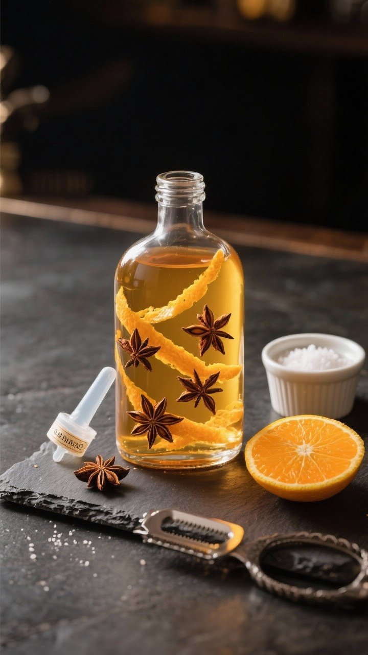 A straight-on cocktail prep scene for Orange-Clove Old Fashioned syrup: a clear bottle of golden syrup with wide strips of orange zest inside, 8 whole cloves and a single star anise visible, vanilla labeled dropper nearby, tiny pinch of salt in a ramekin; low, moody bar lighting with an orange and peeler on a slate surface.