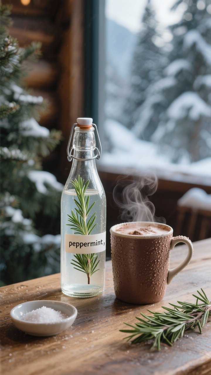 A straight-on cozy cocoa bar scene featuring Rosemary-Peppermint syrup: clear glass bottle with 2 fresh rosemary sprigs submerged, labeled “peppermint,” set beside a steaming mug of hot cocoa (no hands), condensation on bottle, pinch of salt dish; alpine lodge vibe with pine shadows, cool winter light, minimal props.