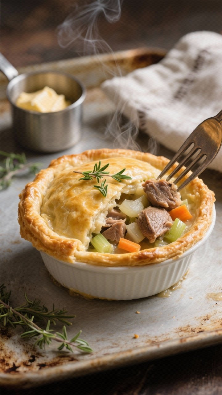 14 Delicious Pheasant Recipes You’ll Crave All Season 2 A straight-on plated shot of individual pheasant pot pie with golden, puffed pastry dome, thyme leaves sprinkled on top; a fork breaking the crust to reveal creamy filling of diced pheasant, onion, carrot, and celery, steam visible; buttery sheen on pastry; set on a rustic baking sheet with a small pot of thyme-butter mixture and a napkin for cozy comfort-food vibes.