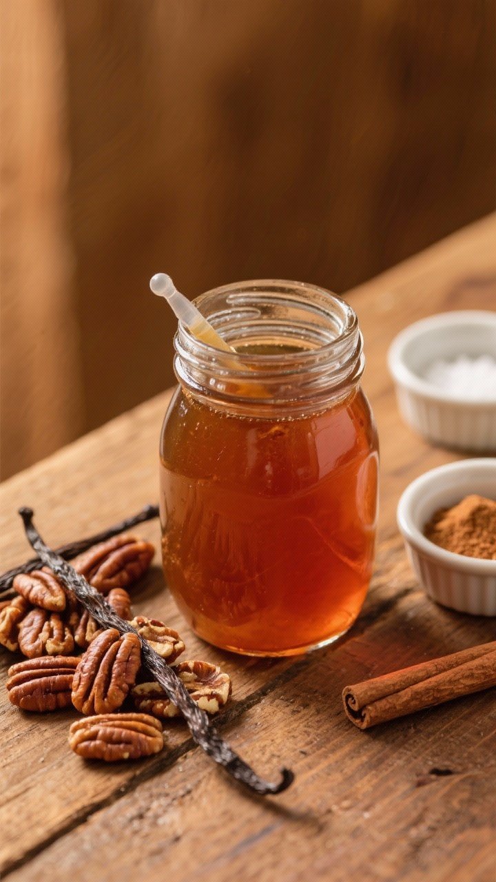 A straight-on rustic presentation of Toasted Pecan-Brown Sugar syrup: amber-brown syrup in a squat glass jar, 3/4 cup worth of toasted pecans piled beside and a few submerged, vanilla extract dropper to the side, a pinch of cinnamon and salt in tiny ramekins; warm wood background, buttery, indulgent mood.