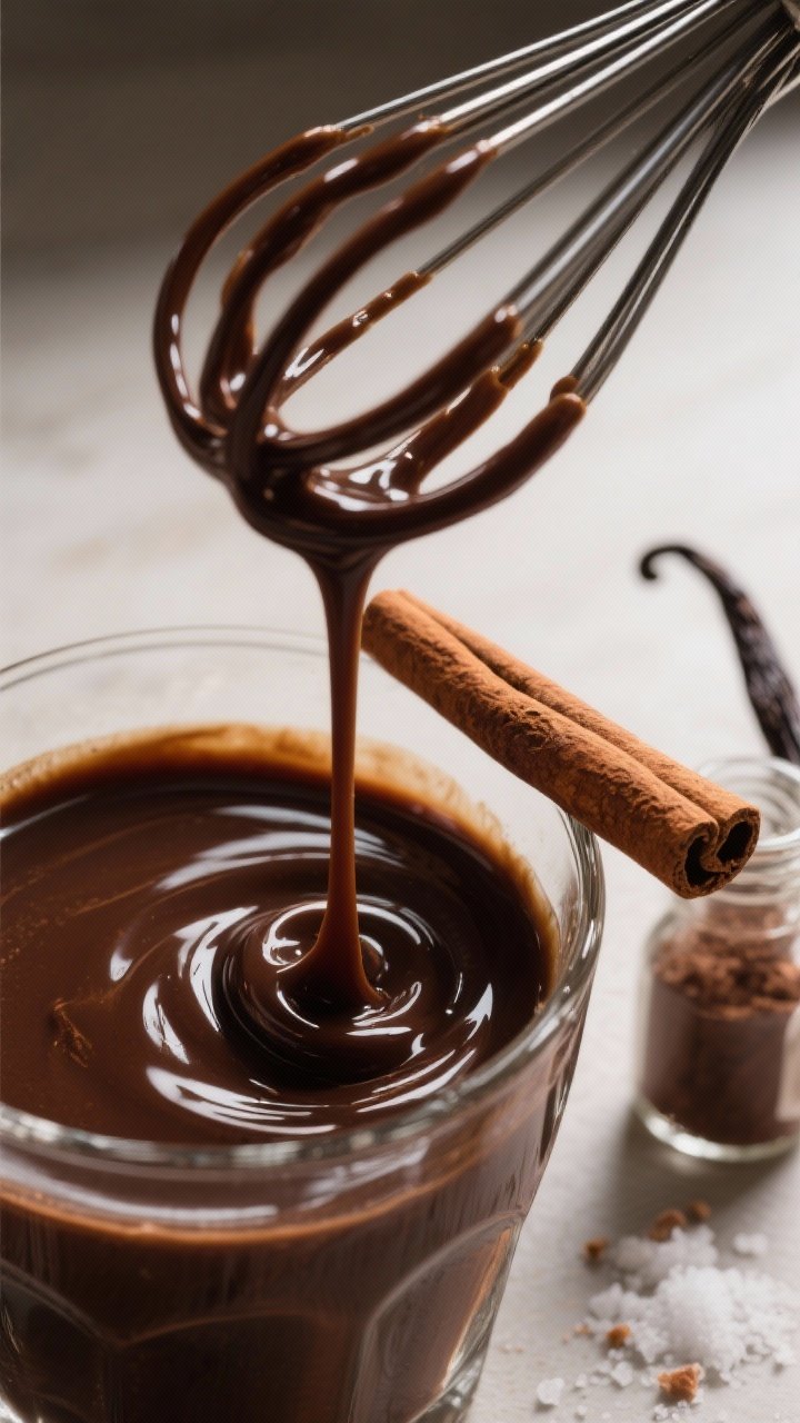 A tight close-up of Chocolate-Cinnamon Mocha syrup being whisked: glossy dark cocoa syrup clinging to a whisk, a single cinnamon stick resting on the rim, vanilla bottle nearby, small pinch of salt; rich chocolate tones with controlled highlights that emphasize sheen and thickness, shallow depth of field.