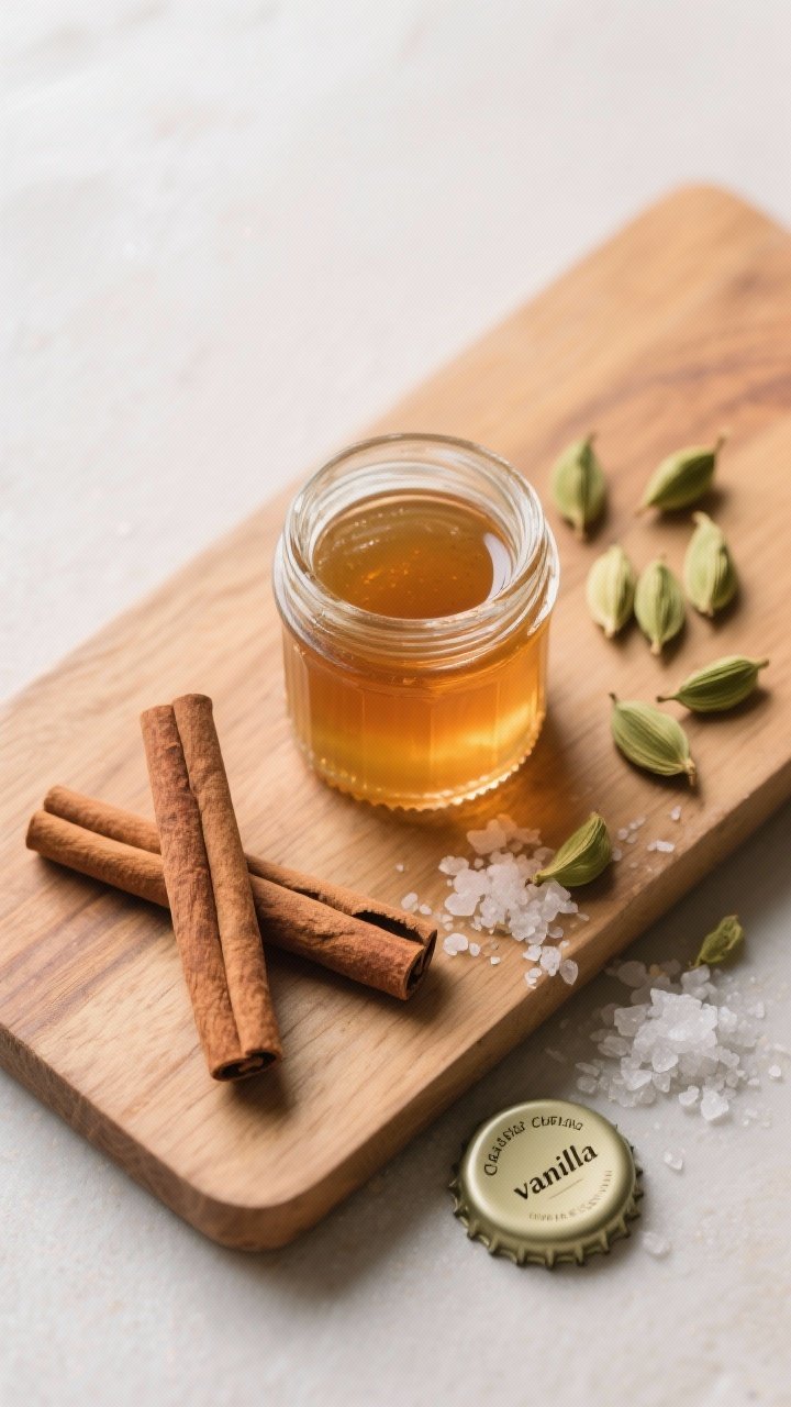 An overhead flat lay of Classic Cinnamon-Cardamom simple syrup in a clear glass jar on a warm wood board, with 3 cinnamon sticks and 6 lightly crushed green cardamom pods scattered around, a tiny pinch of flaky sea salt, and a small bottle cap labeled “vanilla” nearby; light amber syrup glistening with soft winter morning light, minimal props, steam-less, clean modern styling.