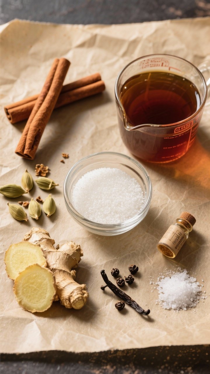 An overhead ingredient tableau for Chai Latte syrup: sugar and water measured out, 2 cinnamon sticks, 6 crushed cardamom pods, 6 whole cloves, sliced fresh ginger, 4 black peppercorns, a small vial of vanilla, and a pinch of salt arranged neatly on parchment; warm, spiced tones with soft shadows, ready to steep.