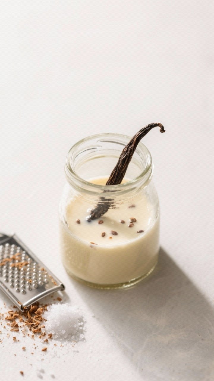 An overhead minimalist scene for Vanilla-Bean Nutmeg syrup: clear jar with a split vanilla bean immersed, tiny vanilla seeds visible in the syrup, freshly grated nutmeg dusted on a microplane nearby, pinch of salt; bright neutral background emphasizing creamy, custard-like vibes.