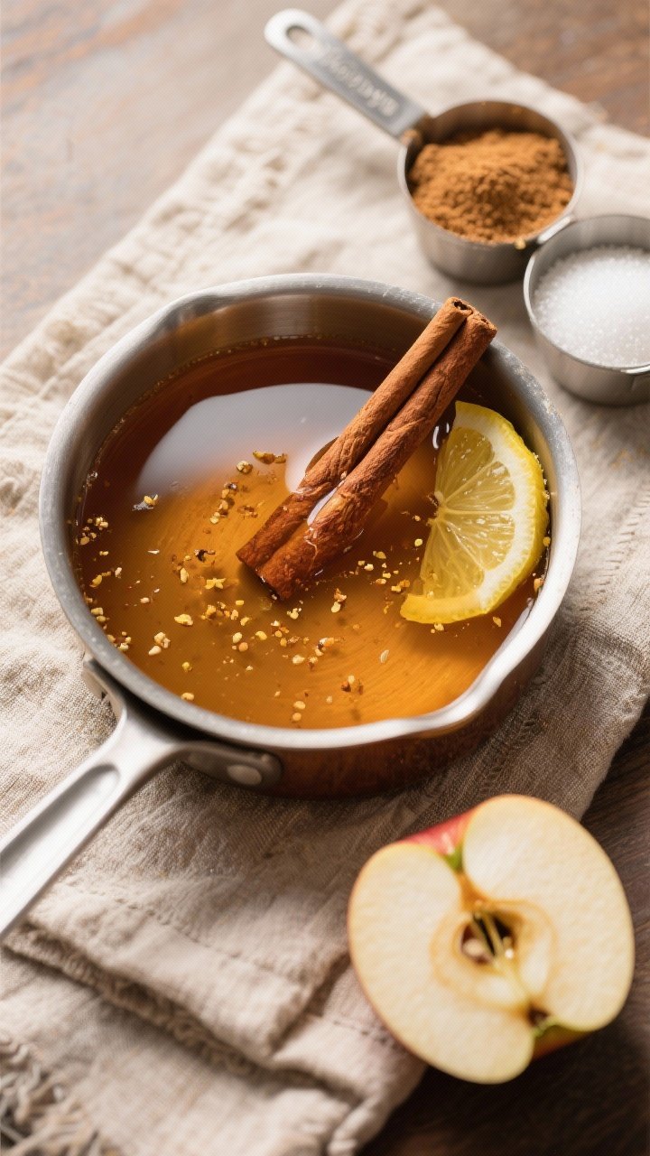 An overhead shot of Apple Pie syrup cooling in a saucepan: deep golden liquid with 2 cinnamon sticks, a strip of lemon peel, and specks from unfiltered apple cider; measuring cups with sugar and brown sugar off to the side; rustic linen and an apple half for context; inviting, dessert-like warmth.