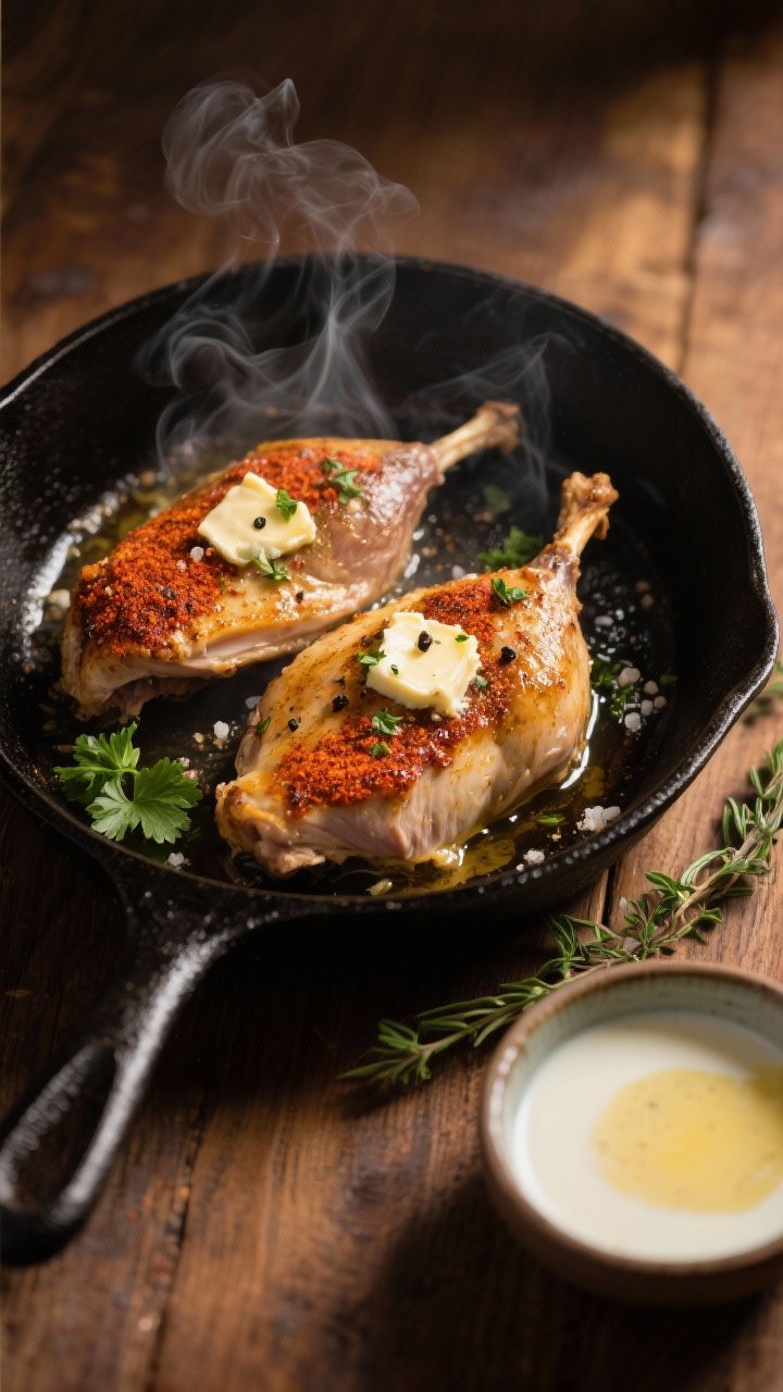14 Delicious Pheasant Recipes You’ll Crave All Season 1 An overhead shot of buttermilk-brined pheasant breasts sizzling in a black cast-iron skillet, golden from neutral oil with a smoky paprika crust, dotted with melting herb butter and flecks of kosher salt and black pepper; stray sprigs of parsley and thyme on the side, on a warm wood surface with a small bowl of tangy buttermilk marinade in frame; moody, directional light, crisp texture on skin, steam rising.