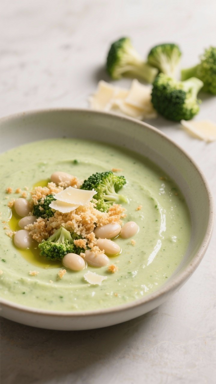 13 Healthy Winter Soup Recipes That’ll Keep You Cozy All Season 13 Close-up, 45-degree shot of creamy broccoli–white bean soup in a shallow bowl: pale green, ultra-smooth puree from broccoli and cannellini beans; topped with a “cheesy crunch” sprinkle (toasted breadcrumbs with Parmesan) and a drizzle of olive oil; a few small broccoli florets and grated cheese in the background, clean, comforting finish.