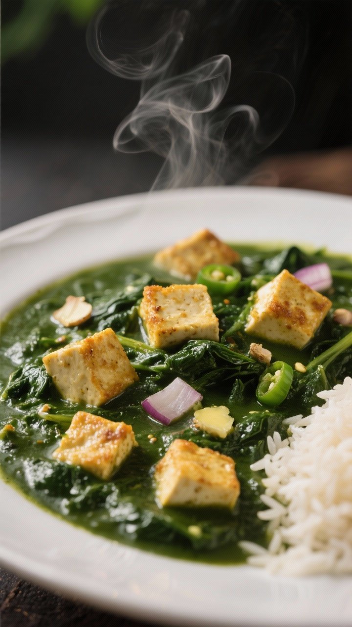 10 Vegan Curries to Make on Repeat That Hit Every Craving 5 Close-up action shot of spinach and tofu saag: golden-crisp tofu cubes (lightly dusted in cornstarch) nestled in a rich, deep-green spinach gravy; tiny flecks of onion, garlic, ginger, and green chili visible; a sheen from avocado oil and vegan butter; served with a small mound of basmati rice on the side edge of frame; captured with shallow depth of field to emphasize creamy greens and crispy tofu contrast, gentle steam rising.