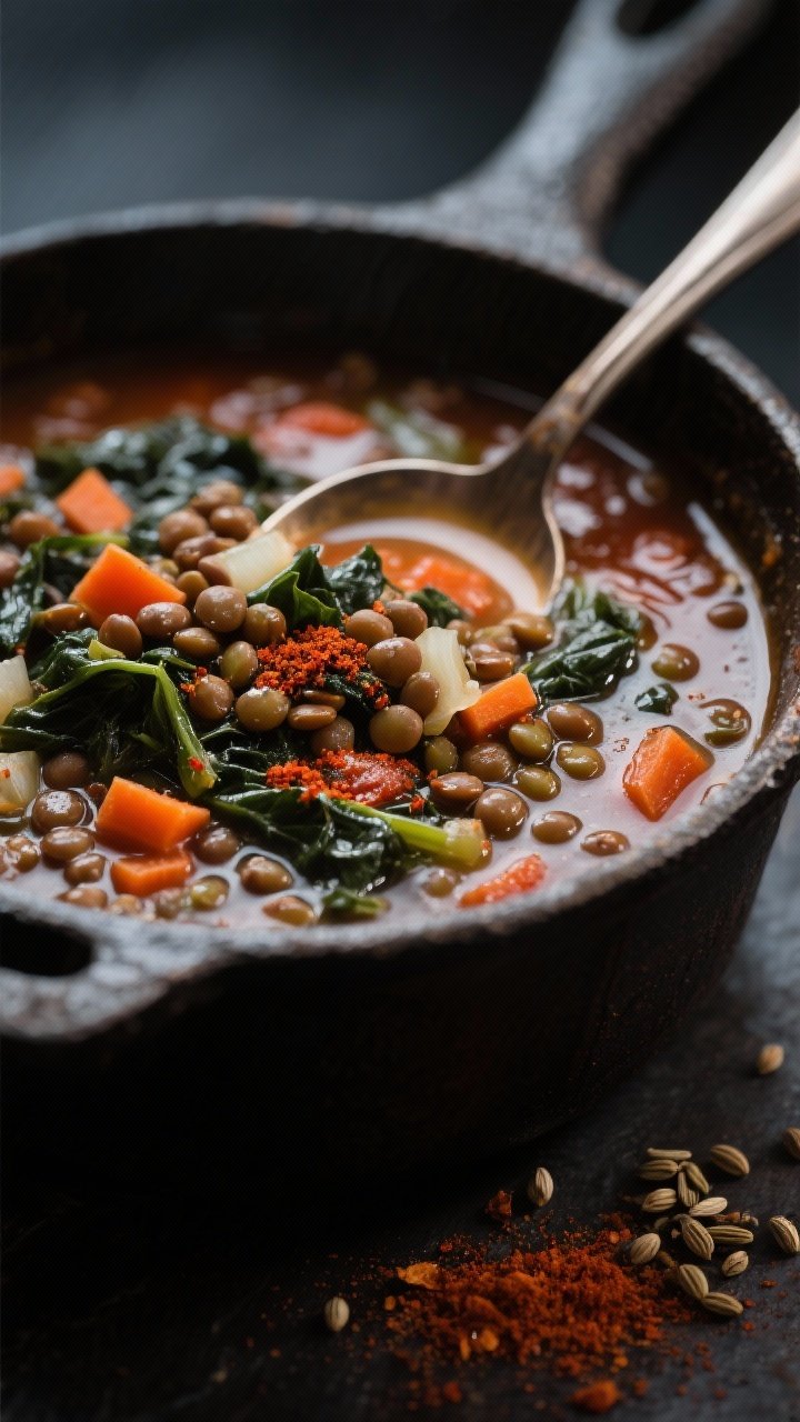 13 Healthy Winter Soup Recipes That’ll Keep You Cozy All Season 3 Close-up of a hearty smoky lentil and greens soup in a rustic cast-iron pot: brown/green lentils, diced carrots and onion, wilted dark leafy greens, tomato paste tint, swirls of paprika and cumin oil; visible sheen on the surface, ladle resting in the pot, scattered smoked paprika and cumin seeds nearby, moody side light emphasizing texture.