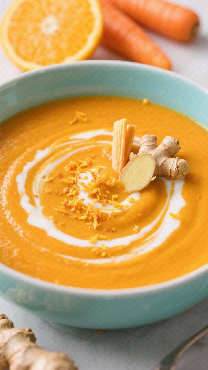 13 Healthy Winter Soup Recipes That’ll Keep You Cozy All Season 8 Close-up of carrot, ginger, and orange sunshine soup poured silky-smooth into a bright bowl; vibrant orange color, micro-swirl of light coconut milk, orange zest sprinkle, and a few matchsticks of fresh ginger on top; halved orange and sliced carrots in the background, crisp daylight and cheerful mood.