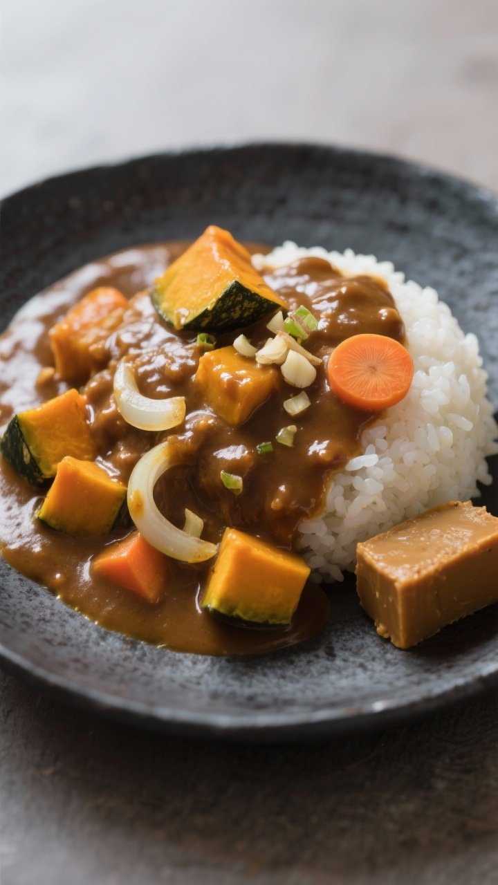 10 Vegan Curries to Make on Repeat That Hit Every Craving 10 Close-up of Japanese-style kabocha curry with silky roux: glossy, velvety brown curry sauce ladled over steamed rice, with tender cubes of kabocha squash and carrot rounds; sliced onion, minced garlic and ginger notes integrated into the sauce; vegetable broth depth and a neat block of curry roux visible on a side dish; minimal, zen presentation on a dark ceramic plate, clean background, soft directional light emphasizing the sauce’s shine.