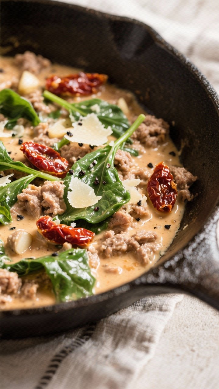 Close-up skillet shot of creamy sun-dried tomato turkey with spinach: tender ground turkey in a velvety cream sauce infused with sun-dried tomatoes and garlic, baby spinach just wilted, specks of black pepper and parmesan melted in; glossy surface catching light, served in a seasoned skillet over a linen cloth.