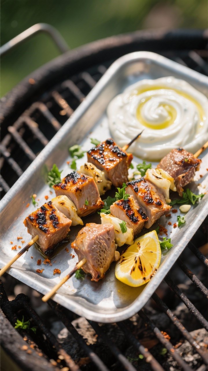 14 Delicious Pheasant Recipes You’ll Crave All Season 5 Outdoor-grill styled 45-degree shot: skewers of grilled pheasant kebabs, char-marked cubes marinated in olive oil, lemon juice, grated garlic, smoked paprika, cumin, and kosher salt; served with a swirl of garlic yogurt and charred lemon halves; sprinkled parsley; placed on a metal tray with grill grates blurred behind.