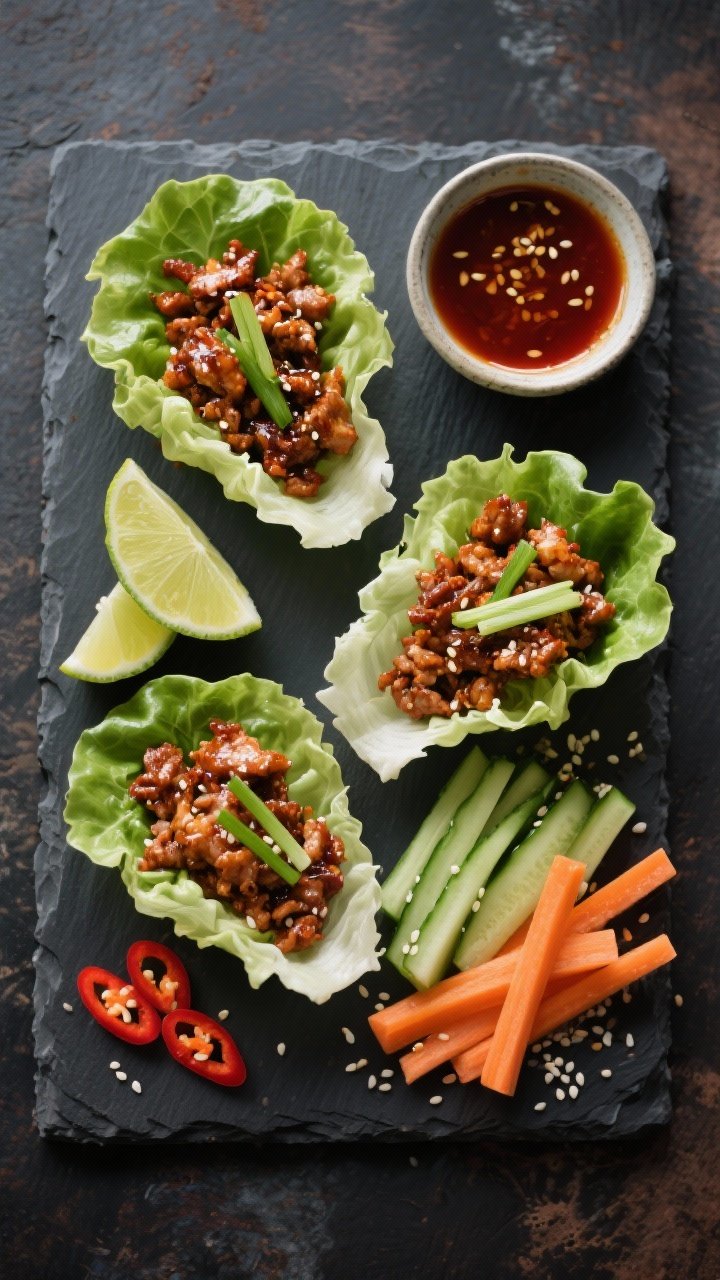 Overhead assembly scene of bulgogi-inspired turkey lettuce wraps: glossy, soy-sesame caramelized ground turkey with scallions, arranged beside crisp butter lettuce cups; quick pickles of cucumber and carrot with rice vinegar and sesame seeds, thin red chili slices, lime wedges, and a small bowl of gochujang-sesame sauce; dark slate board background, Korean-inspired styling, clean and fresh.