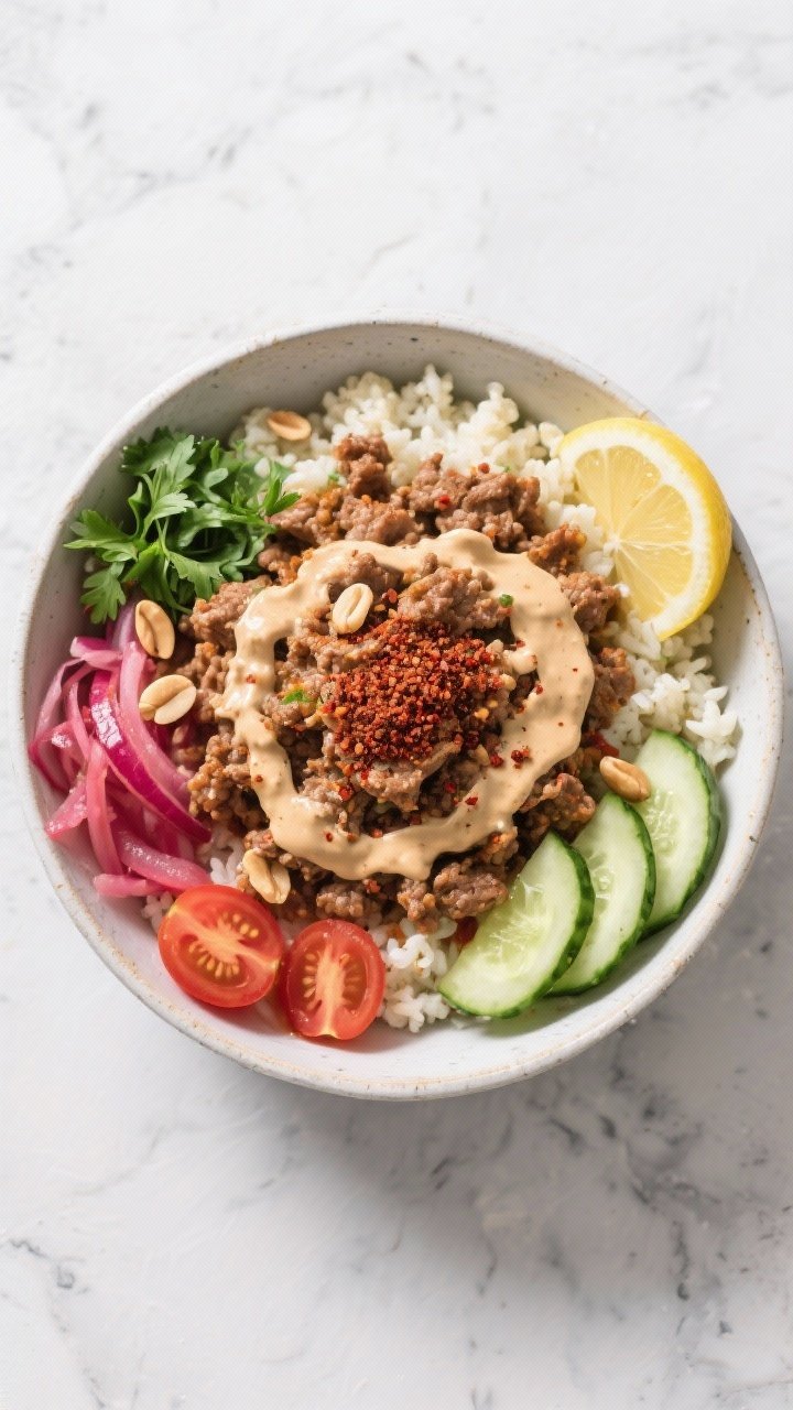 Overhead bowl composition of turkey shawarma bowls: spiced ground turkey with shawarma seasoning piled over cauliflower rice, accompanied by sliced cucumbers, cherry tomatoes, pickled red onions, chopped parsley, and a generous tahini-lemon drizzle; sprinkle of sumac and toasted pine nuts; clean, modern Middle Eastern aesthetic on a light stone surface.