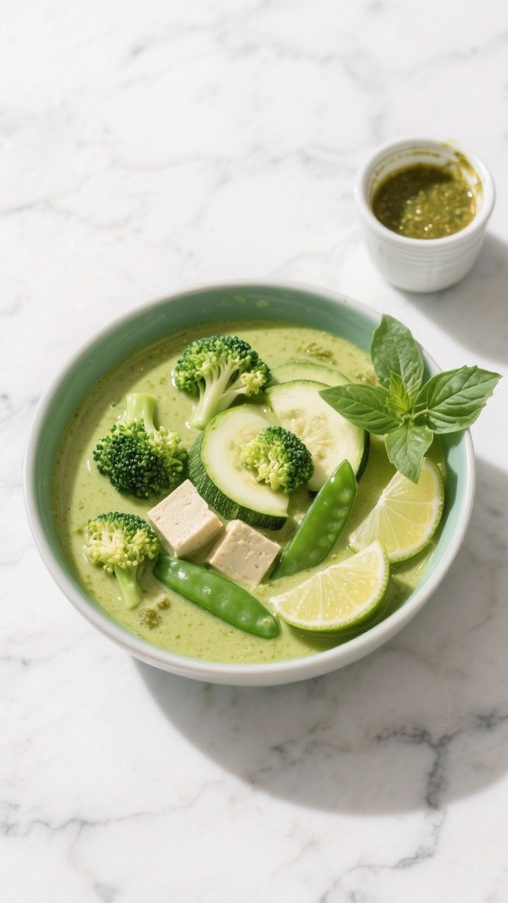 10 Vegan Curries to Make on Repeat That Hit Every Craving 8 Overhead bright, fresh Thai green curry bowl: vibrant green coconut broth from vegan green curry paste and coconut milk, dotted with broccoli florets, half-moon zucchini slices, and tender tofu or snap peas as supporting greens; lime wedges and Thai basil leaves for garnish; a small cup of vegetable broth and paste jar nearby; placed on a white marble surface for a fresh, zesty mood with crisp daylight.