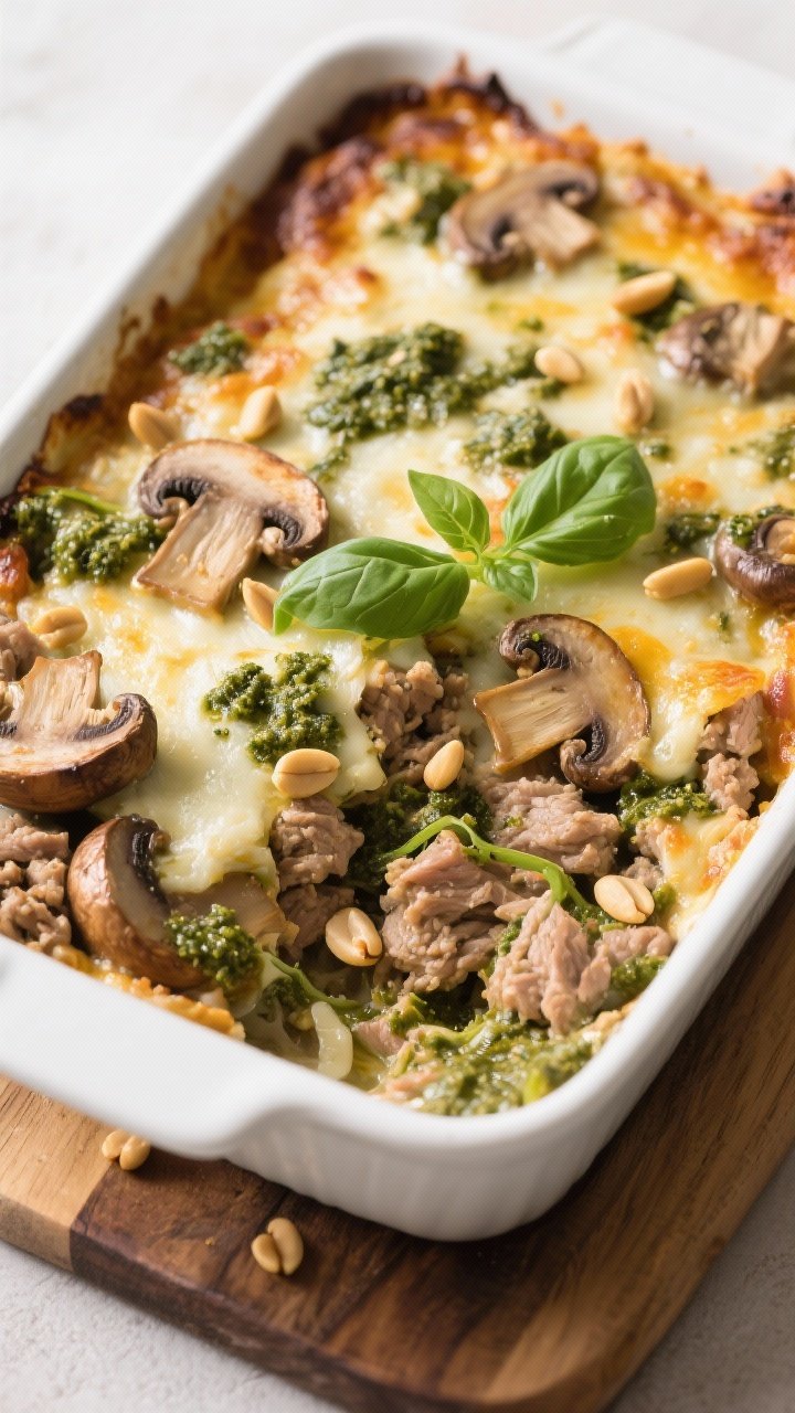 Overhead casserole shot of a pesto turkey mushroom bake just out of the oven: juicy ground turkey mingled with sautéed cremini mushrooms and ribbons of basil pesto, blanketed with bubbling melty mozzarella and browned edges; scattered pine nuts and torn basil on top; golden, gooey textures in a white baking dish on a wooden board.