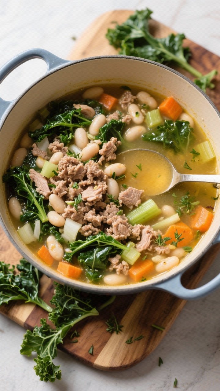 13 Healthy Winter Soup Recipes That’ll Keep You Cozy All Season 7 Overhead family-style scene of hearty turkey, white bean, and kale soup in a Dutch oven: crumbled browned lean ground turkey, creamy white beans, ribbons of kale, diced onion, carrot, and celery, oregano and thyme flecks in a clear golden broth; ladle and scattered kale leaves on a wooden board, wholesome weeknight feel.