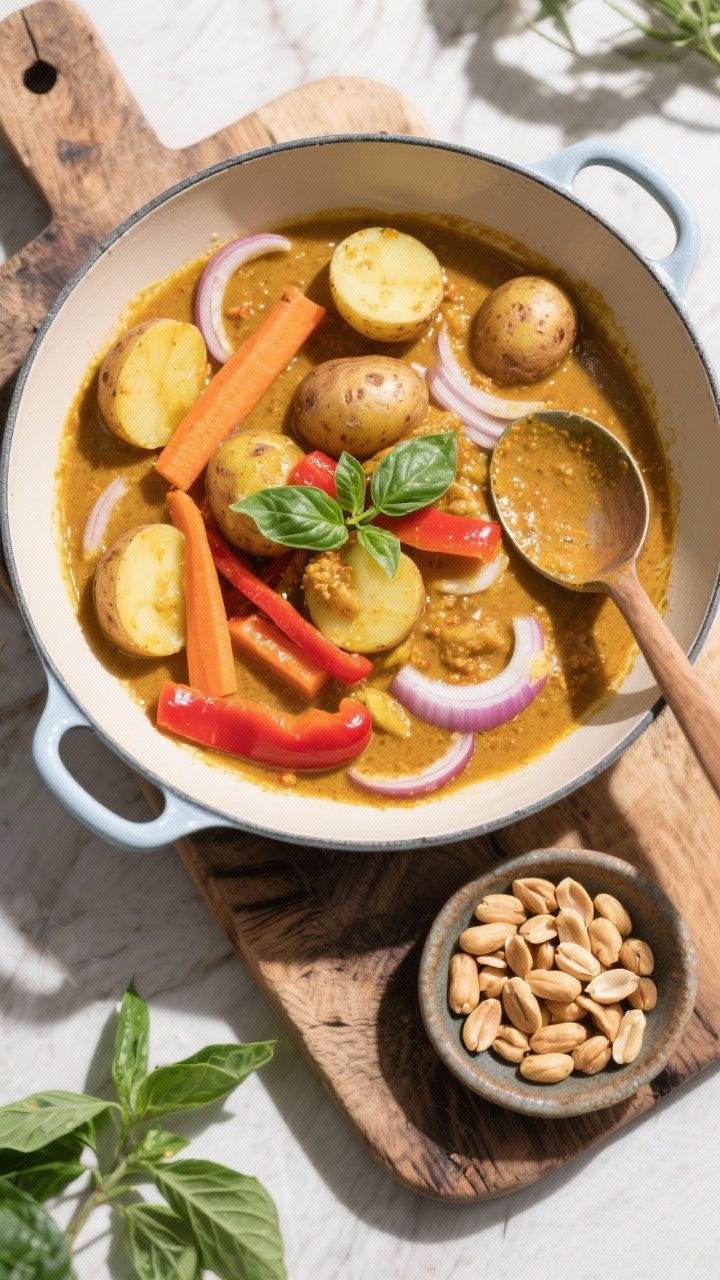 10 Vegan Curries to Make on Repeat That Hit Every Craving 3 Overhead flat lay of a Thai-inspired Massaman veggie curry during the cook: baby potatoes halved, carrots sliced on the bias, and red bell pepper strips nestled in a golden, coconut-rich sauce tinted by vegan Massaman curry paste; sliced onion ribbons visible; peanuts sprinkled on a small side dish to suggest peanut bliss; garnished with Thai basil; placed in a wide enamel pan on a rustic wooden board, ladle resting, bright and inviting daylight.