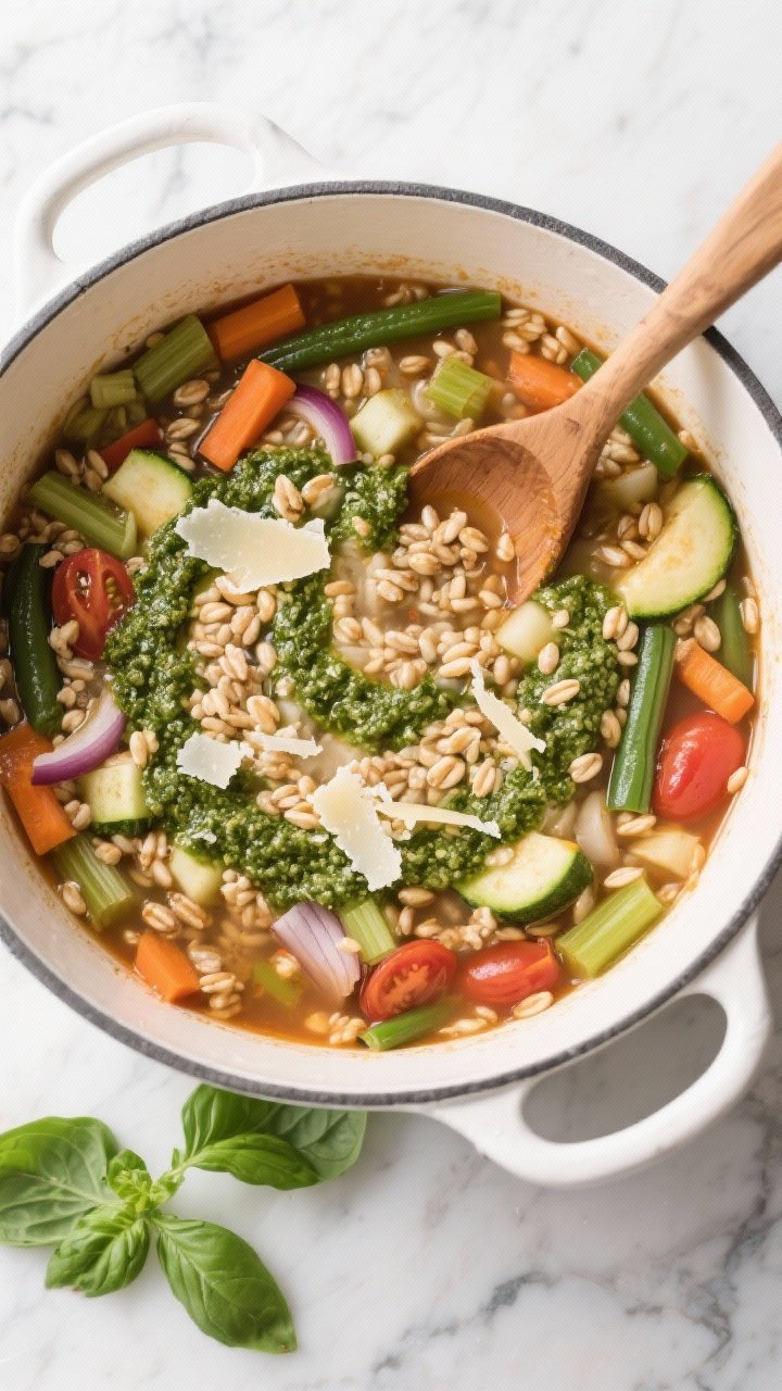 13 Healthy Winter Soup Recipes That’ll Keep You Cozy All Season 9 Overhead flat lay of Italian farro minestrone in a large white pot: pearled farro grains, diced onion, carrot, celery, zucchini, green beans, and tomatoes in a brothy medley; a vivid green basil pesto swirl across the surface; scattered grated Parmesan and torn basil leaves, set on a marble surface with a wooden ladle.