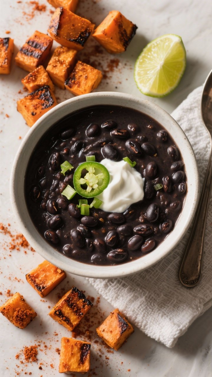 13 Healthy Winter Soup Recipes That’ll Keep You Cozy All Season 12 Overhead ingredient-to-bowl transition shot of spicy black bean and roasted sweet potato soup: charred, spice-dusted sweet potato cubes (chili powder, smoked paprika) scattered beside a bowl of inky black bean soup; garnished with minced jalapeño, lime wedge, and a dollop of yogurt; warm, contrasty lighting highlighting the roasted edges.