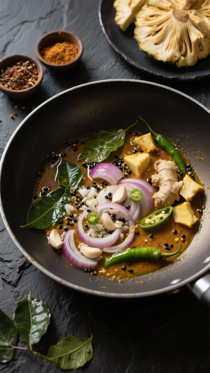 10 Vegan Curries to Make on Repeat That Hit Every Craving 6 Overhead ingredient-to-pan scene for Sri Lankan jackfruit curry: a saute pan with coconut oil shimmering, black mustard seeds just popped, fresh curry leaves scattered, thinly sliced onion softening alongside minced garlic, ginger, and sliced green chilies; chunks of young jackfruit waiting on a plate nearby; small bowls of toasted spice mix in frame; dark slate surface, high-contrast lighting to emphasize aromatic spices and tropical mood.